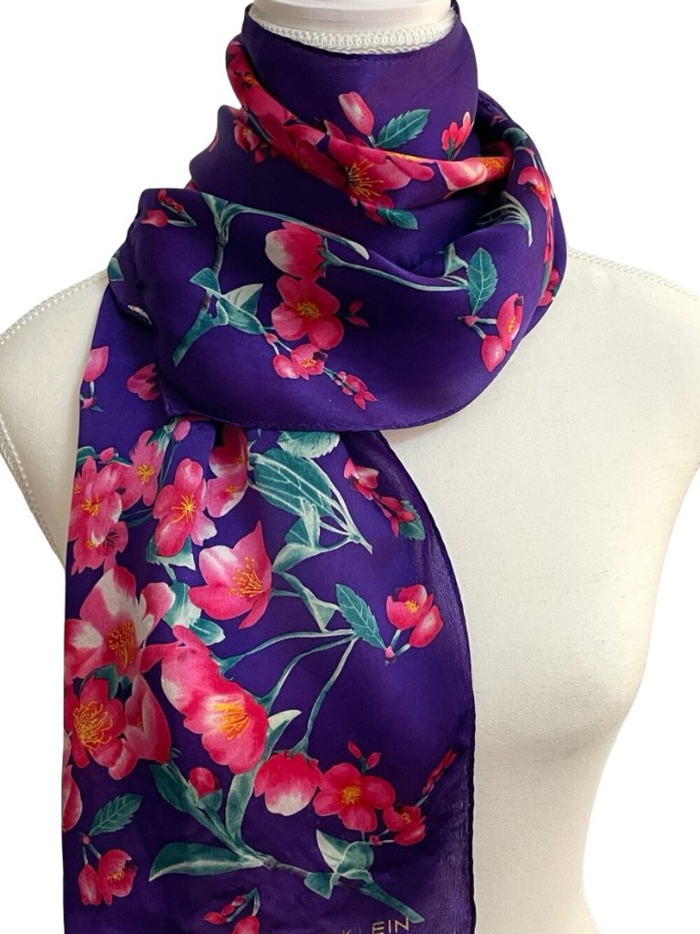 Anne Klein Floral Silk Feel Oblong Scarf Purple Pink Botanical 11 x 50